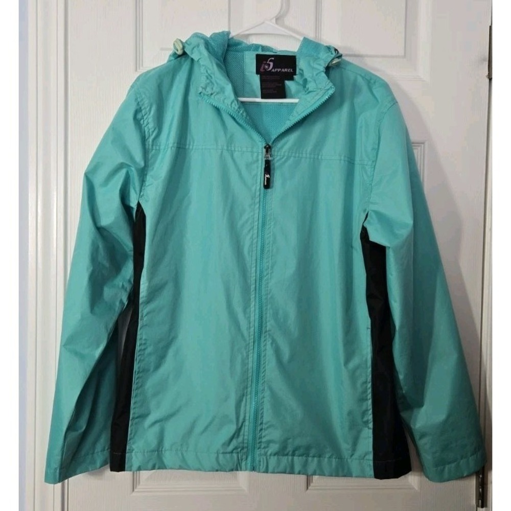 I5 Apparel Women Size Large Rain Coat Jacket Windbreaker Hooded Turquoise, Black
